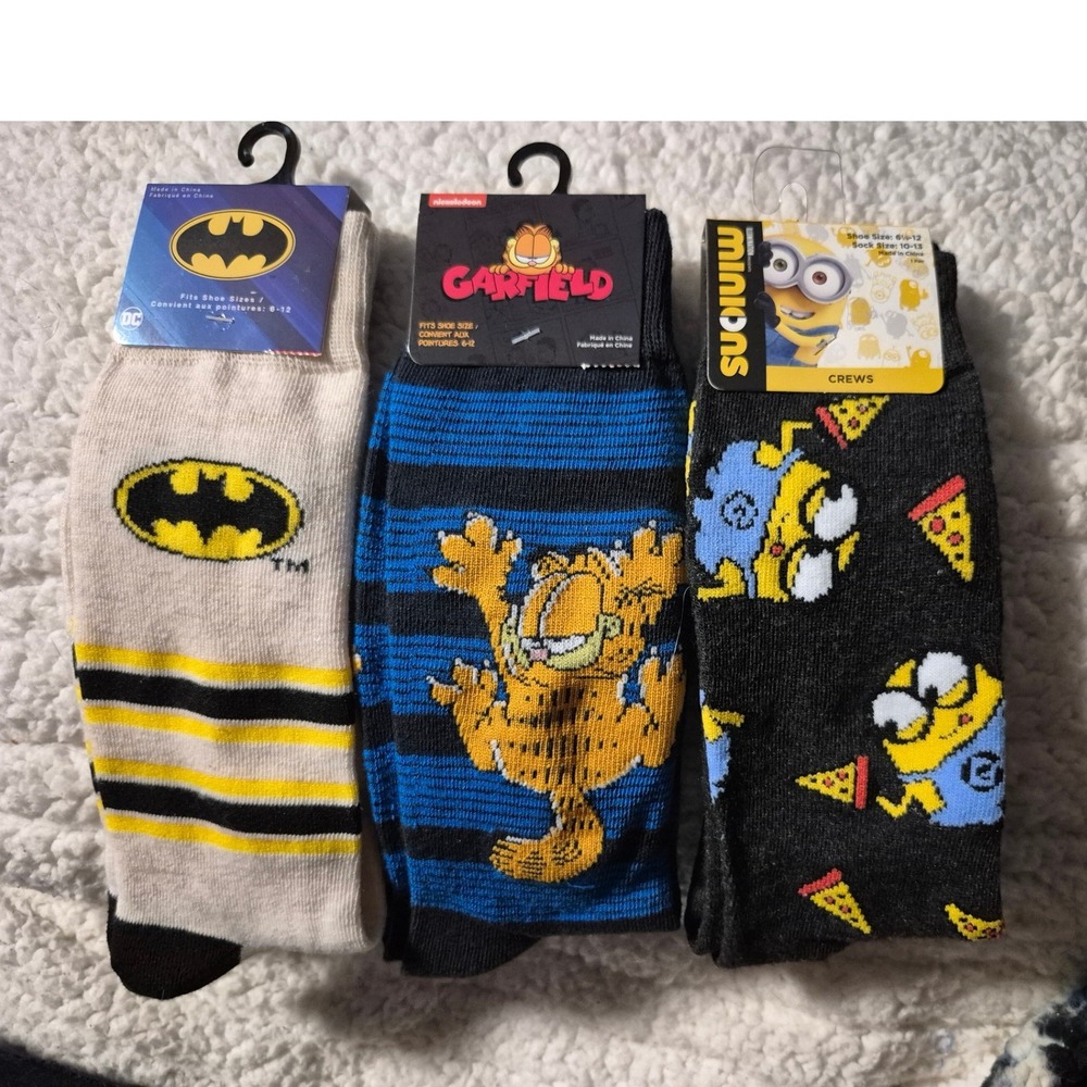 Mens 3 Pack Socks Batman Garfield Minions Pizza Shoe Size 6-12 Sock Size 10-13